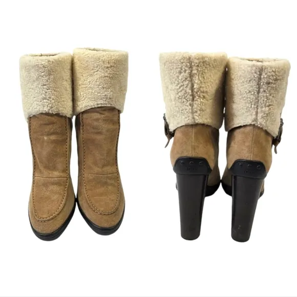 Tods Sherpa Sheepskin Suede Beige Y2K Chunky Heel Ankle Boots
