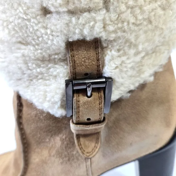 Tods Sherpa Sheepskin Suede Beige Y2K Chunky Heel Ankle Boots