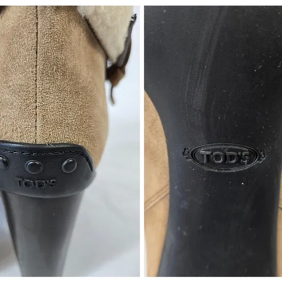 Tods Sherpa Sheepskin Suede Beige Y2K Chunky Heel Ankle Boots