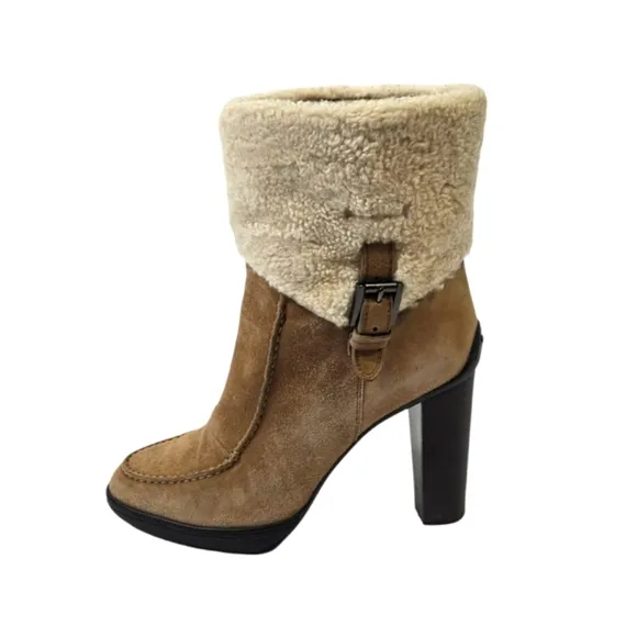 Tods Sherpa Sheepskin Suede Beige Y2K Chunky Heel Ankle Boots