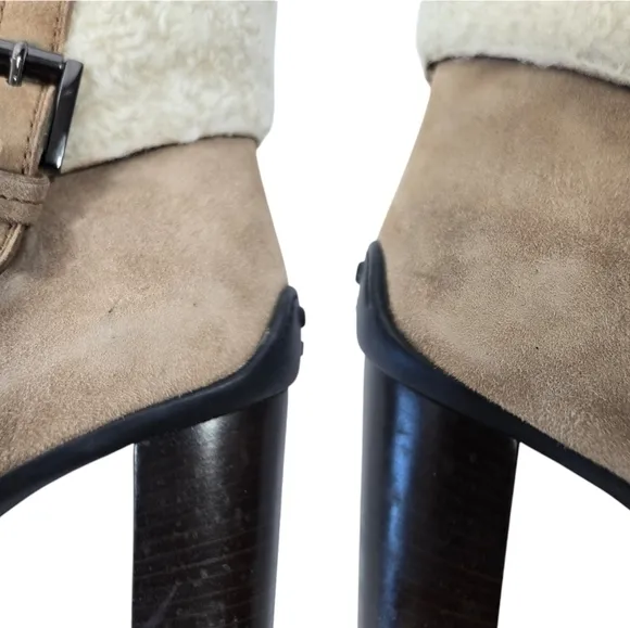 Tods Sherpa Sheepskin Suede Beige Y2K Chunky Heel Ankle Boots