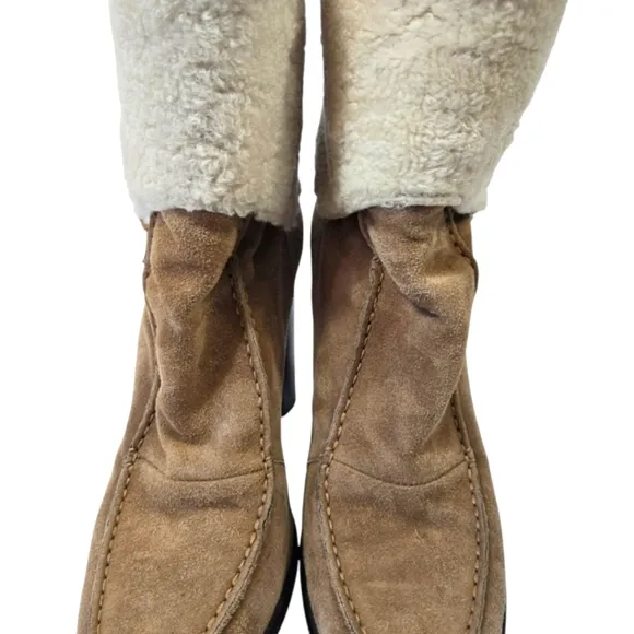 Tods Sherpa Sheepskin Suede Beige Y2K Chunky Heel Ankle Boots