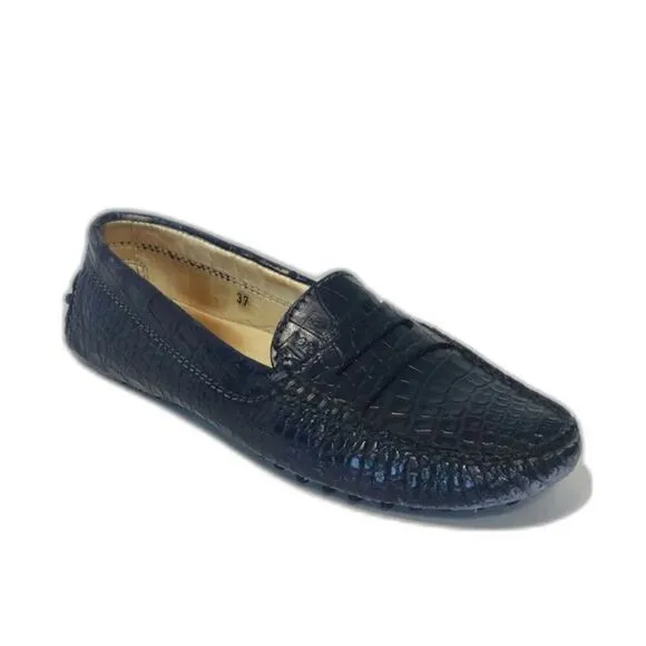 TOD'S Women's Gommino Croco Penny Driver Loafers EU37/US6.5 Blue