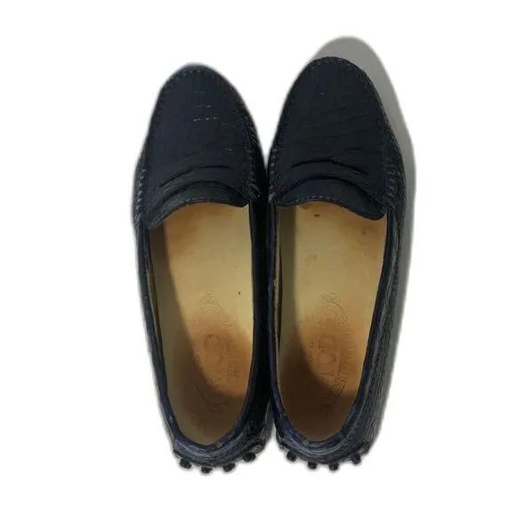 TOD'S Women's Gommino Croco Penny Driver Loafers EU37/US6.5 Blue