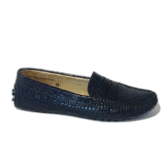 TOD'S Women's Gommino Croco Penny Driver Loafers EU37/US6.5 Blue