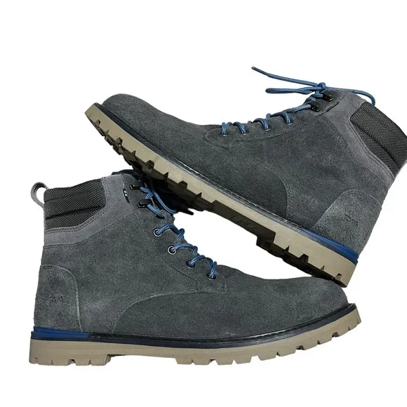 Toms Men’s Ashland 2.0 Grey Oil Suede Waterproof Ankle Boots Blue Laces Size 13