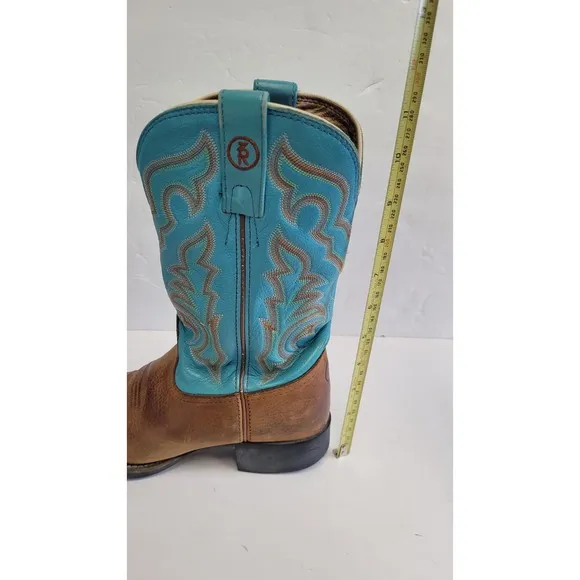 Tony Lama Brown Cowboy Dancehall Boots Turquoise Shaft Made in USA Women's 6.5B