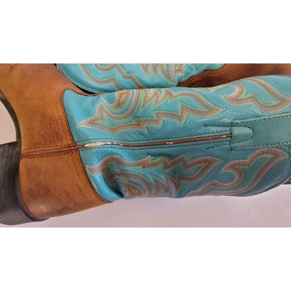Tony Lama Brown Cowboy Dancehall Boots Turquoise Shaft Made in USA Women's 6.5B