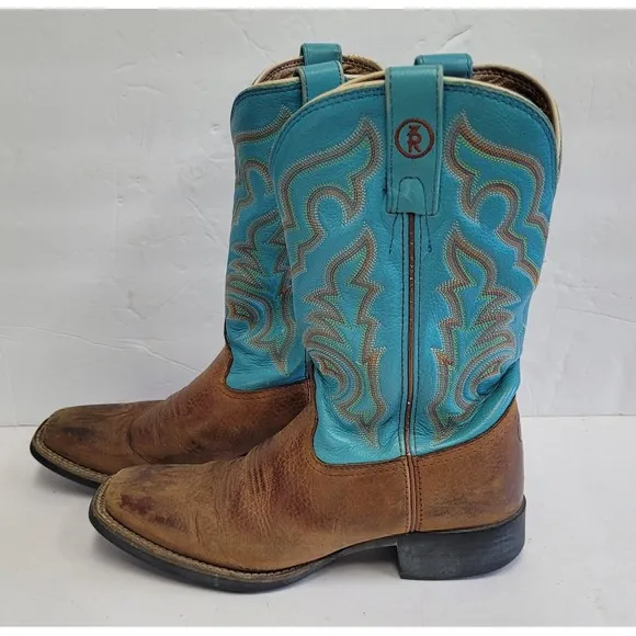 Tony Lama Brown Cowboy Dancehall Boots Turquoise Shaft Made in USA Women's 6.5B