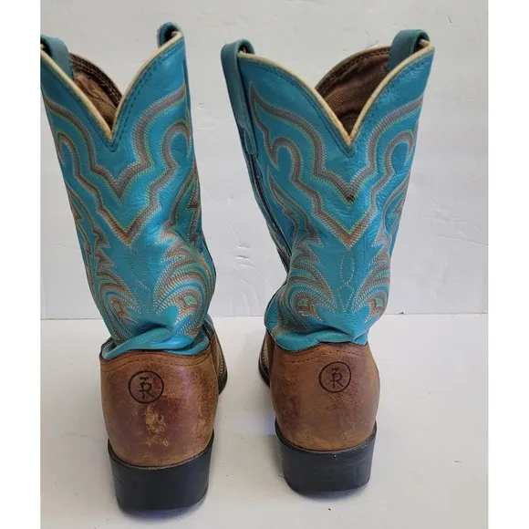 Tony Lama Brown Cowboy Dancehall Boots Turquoise Shaft Made in USA Women's 6.5B