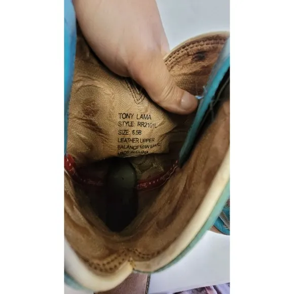 Tony Lama Brown Cowboy Dancehall Boots Turquoise Shaft Made in USA Women's 6.5B