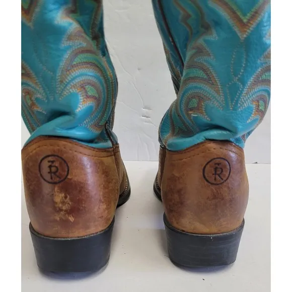 Tony Lama Brown Cowboy Dancehall Boots Turquoise Shaft Made in USA Women's 6.5B
