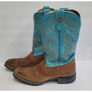 Tony Lama Brown Cowboy Dancehall Boots Turquoise Shaft Made in USA Women's 6.5B