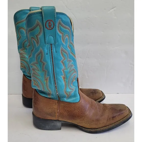 Tony Lama Brown Cowboy Dancehall Boots Turquoise Shaft Made in USA Women's 6.5B