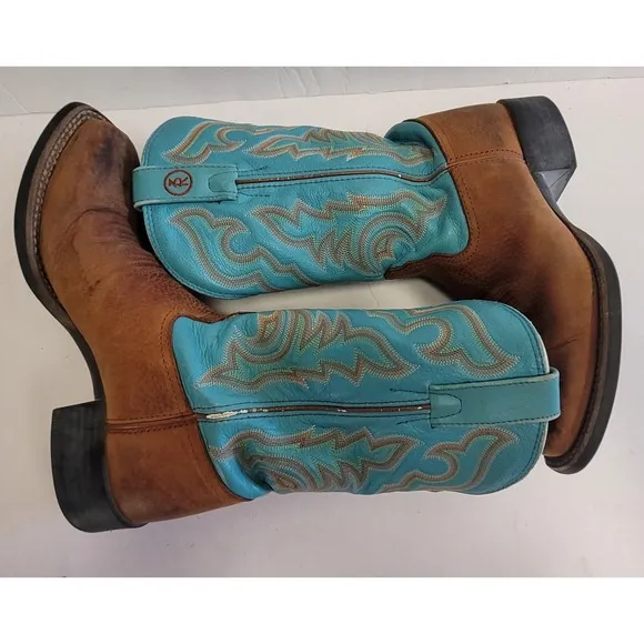Tony Lama Brown Cowboy Dancehall Boots Turquoise Shaft Made in USA Women's 6.5B