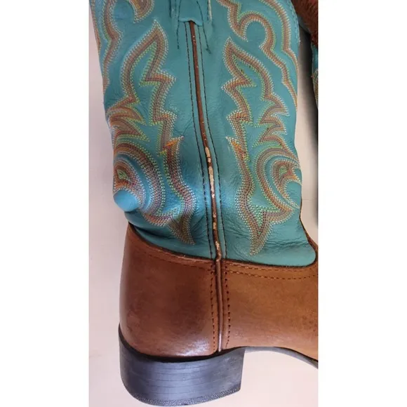 Tony Lama Brown Cowboy Dancehall Boots Turquoise Shaft Made in USA Women's 6.5B