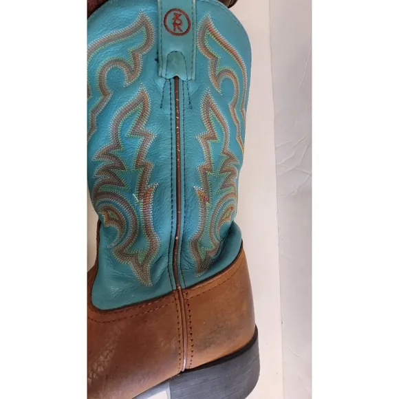 Tony Lama Brown Cowboy Dancehall Boots Turquoise Shaft Made in USA Women's 6.5B