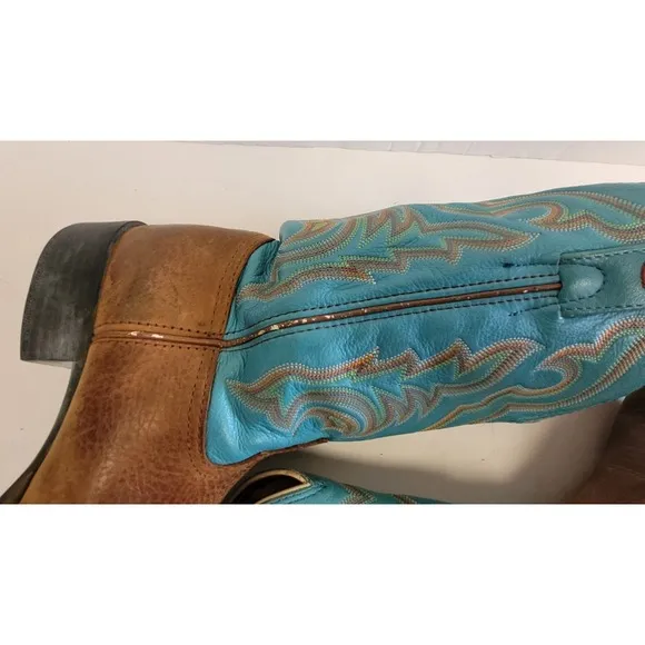 Tony Lama Brown Cowboy Dancehall Boots Turquoise Shaft Made in USA Women's 6.5B