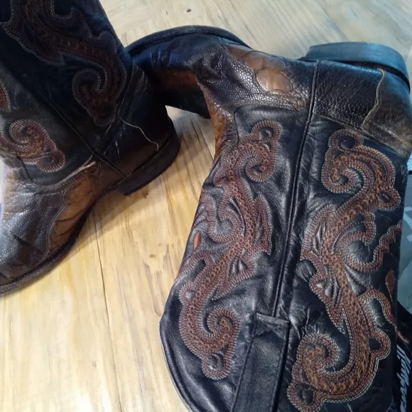 Tony Lama Brown Ostrich Leather Cowboy Boots Size 8.5 EE Made In Mexico