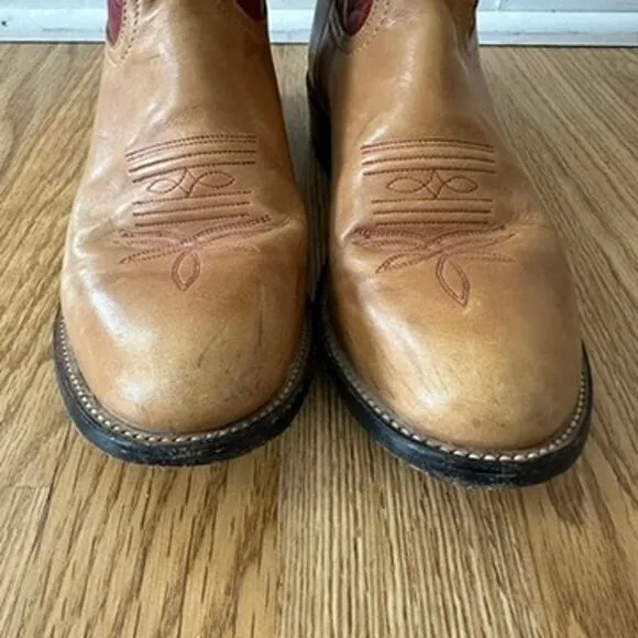 Tony Lama Leather Cowboy Boots Womens 6.5M Embroidered Western Boho Red Brown