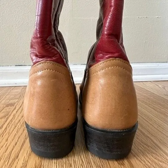 Tony Lama Leather Cowboy Boots Womens 6.5M Embroidered Western Boho Red Brown