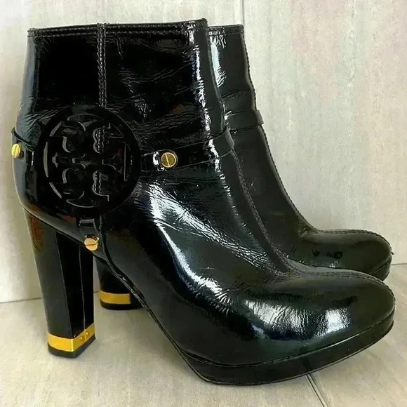 Tory Burch Black Patent Leather Ankle Boots Size 6.5M
