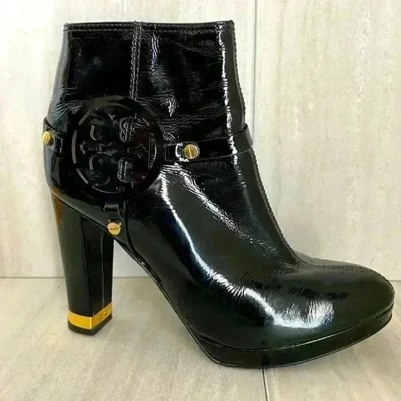 Tory Burch Black Patent Leather Ankle Boots Size 6.5M