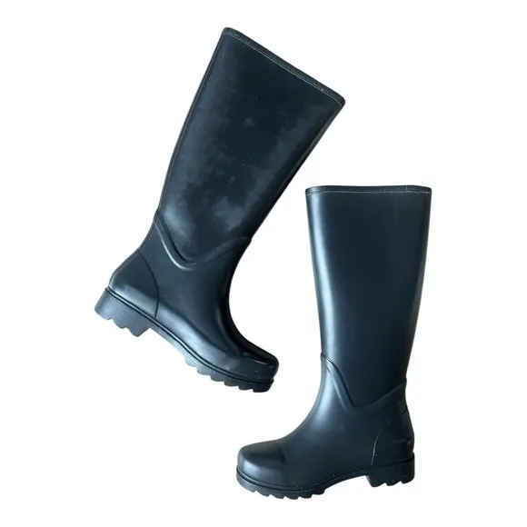 Tory Burch Black Tall Sarah Logo Rain Boots Gold Medallion Style 37568, Size 5