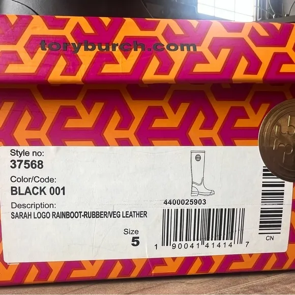 Tory Burch Black Tall Sarah Logo Rain Boots Gold Medallion Style 37568, Size 5