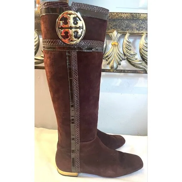 TORY BURCH BROWN/GOLD SUEDE TALL BOOTS SIDE ZIP WOMEN’S SIZE 6 MEDIUM