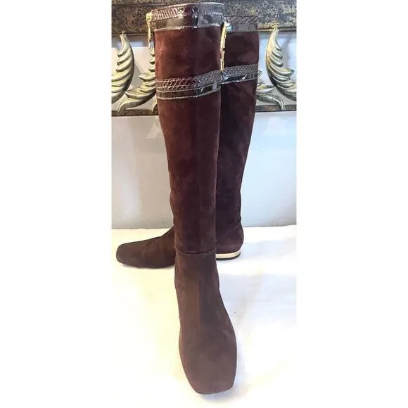 TORY BURCH BROWN/GOLD SUEDE TALL BOOTS SIDE ZIP WOMEN’S SIZE 6 MEDIUM
