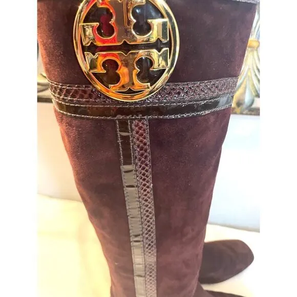 TORY BURCH BROWN/GOLD SUEDE TALL BOOTS SIDE ZIP WOMEN’S SIZE 6 MEDIUM