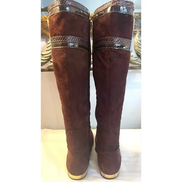 TORY BURCH BROWN/GOLD SUEDE TALL BOOTS SIDE ZIP WOMEN’S SIZE 6 MEDIUM