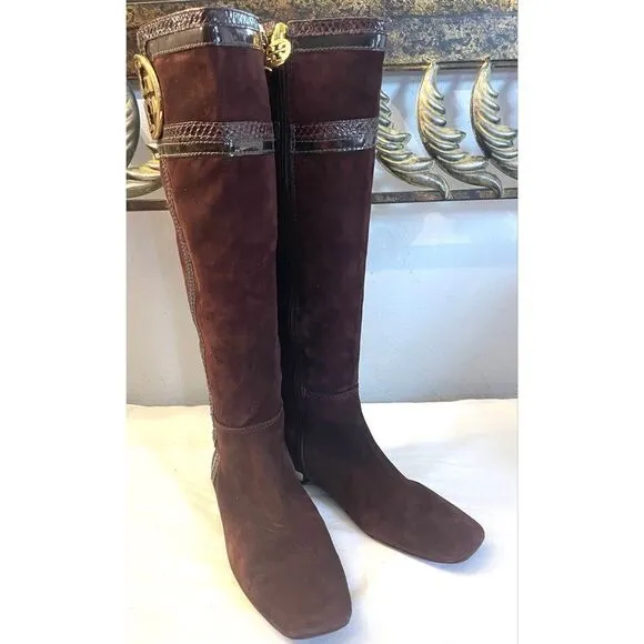 TORY BURCH BROWN/GOLD SUEDE TALL BOOTS SIDE ZIP WOMEN’S SIZE 6 MEDIUM