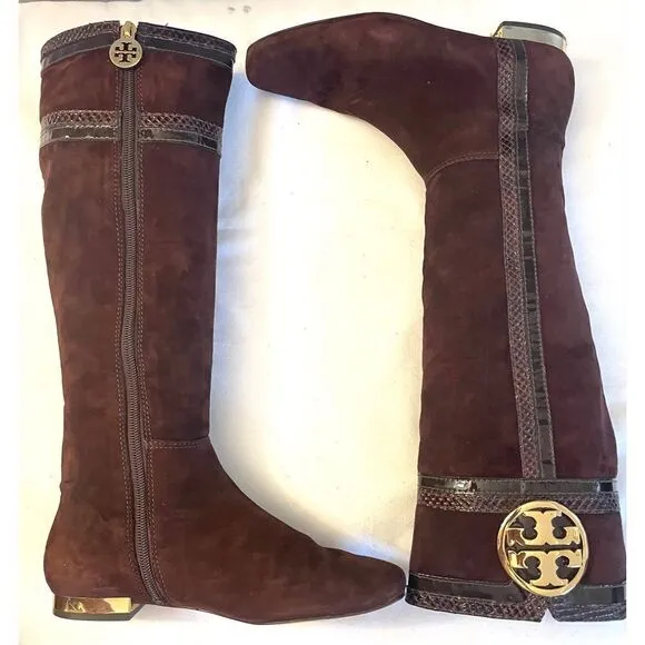 TORY BURCH BROWN/GOLD SUEDE TALL BOOTS SIDE ZIP WOMEN’S SIZE 6 MEDIUM