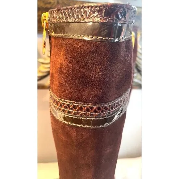 TORY BURCH BROWN/GOLD SUEDE TALL BOOTS SIDE ZIP WOMEN’S SIZE 6 MEDIUM