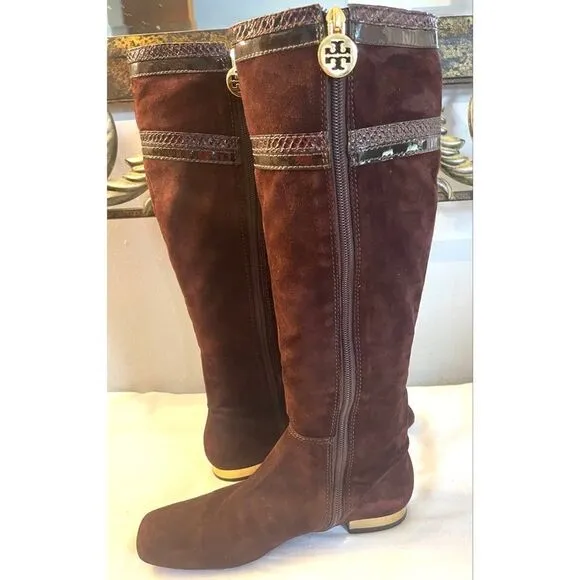 TORY BURCH BROWN/GOLD SUEDE TALL BOOTS SIDE ZIP WOMEN’S SIZE 6 MEDIUM