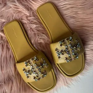 Tory Burch Double T Crystal Sport Slides Sandals Ginger Tan Brown Size 11