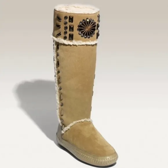 Tory Burch Embellished Tall Shearling Sherpa Soft Suede Fur Boots 9