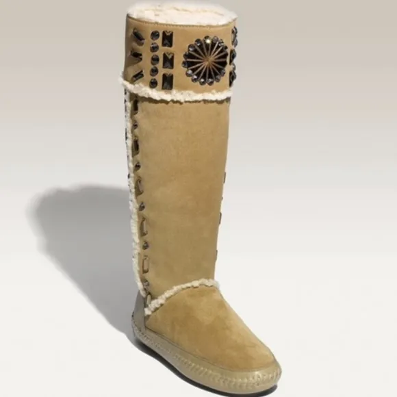 Tory Burch Embellished Tall Shearling Sherpa Soft Suede Fur Boots 9
