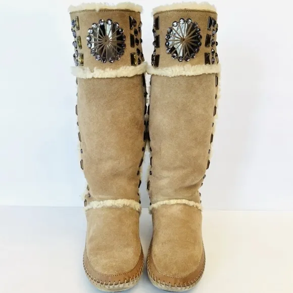 Tory Burch Embellished Tall Shearling Sherpa Soft Suede Fur Boots 9