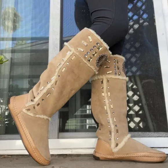 Tory Burch Embellished Tall Shearling Sherpa Soft Suede Fur Boots 9