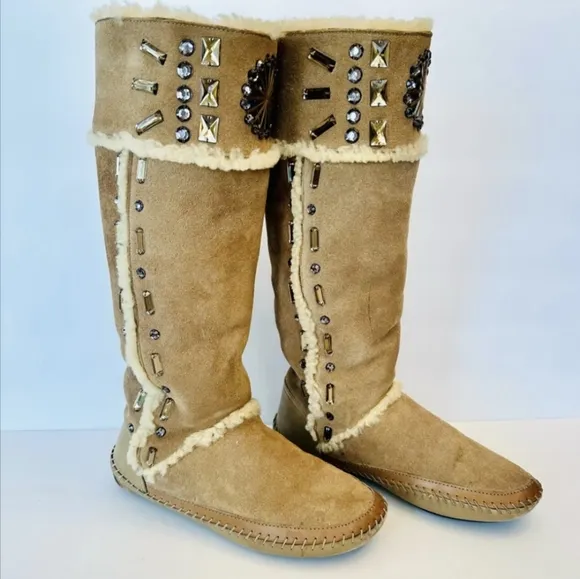 Tory Burch Embellished Tall Shearling Sherpa Soft Suede Fur Boots 9