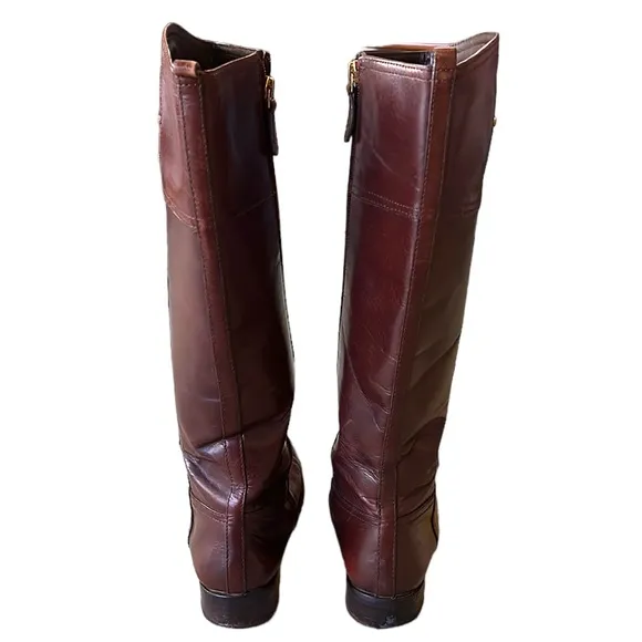 Tory Burch Kiernan Brown Leather 35mm Gold Logo Tall Knee High Riding Boots - 7
