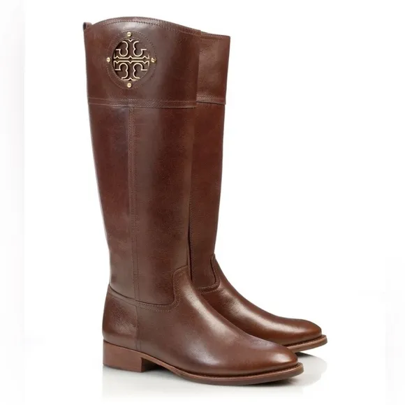 Tory Burch Kiernan Brown Leather 35mm Gold Logo Tall Knee High Riding Boots - 7