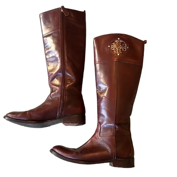 Tory Burch Kiernan Brown Leather 35mm Gold Logo Tall Knee High Riding Boots - 7