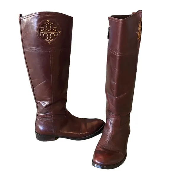 Tory Burch Kiernan Brown Leather 35mm Gold Logo Tall Knee High Riding Boots - 7