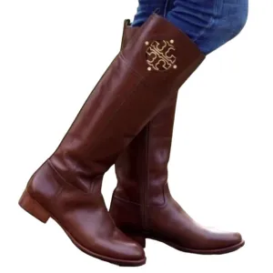 Tory Burch Kiernan Brown Leather 35mm Gold Logo Tall Knee High Riding Boots - 7