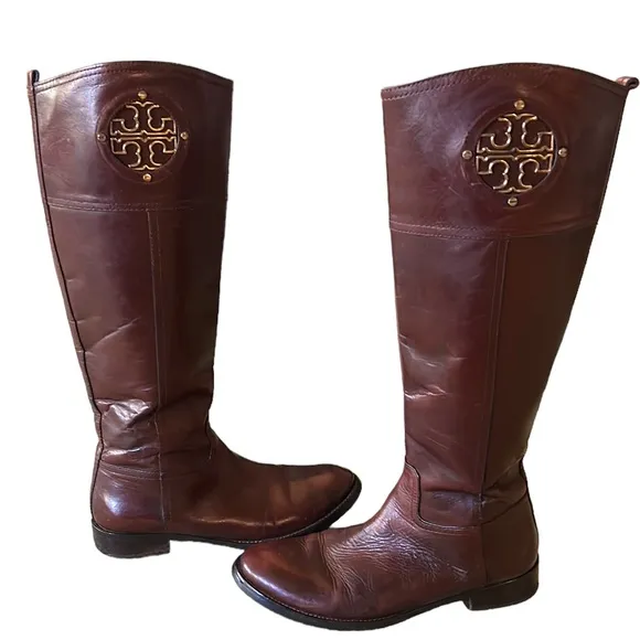 Tory Burch Kiernan Brown Leather 35mm Gold Logo Tall Knee High Riding Boots - 7