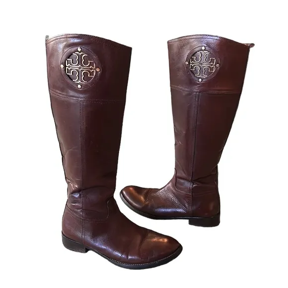 Tory Burch Kiernan Brown Leather 35mm Gold Logo Tall Knee High Riding Boots - 7